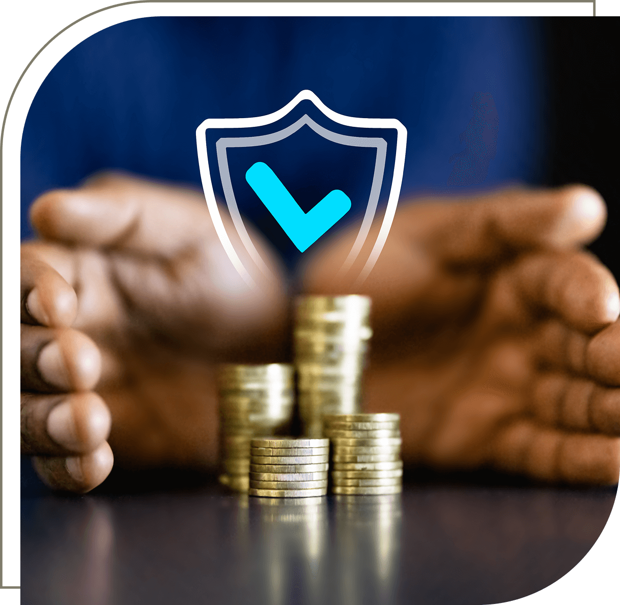Hands protecting stacked coins, shield icon.