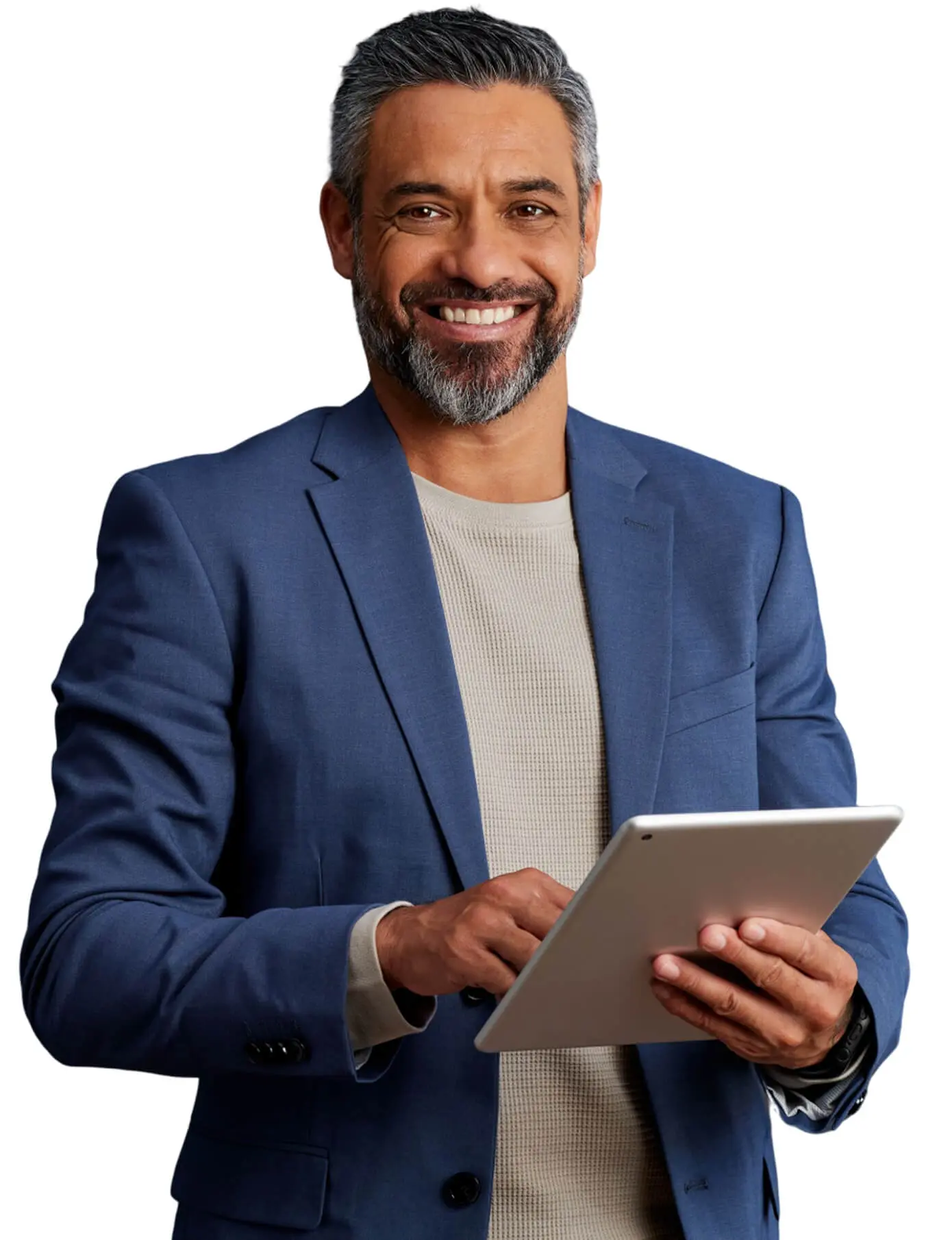 Man in blue suit holding a tablet.