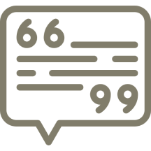 Speech bubble icon with quotation marks.