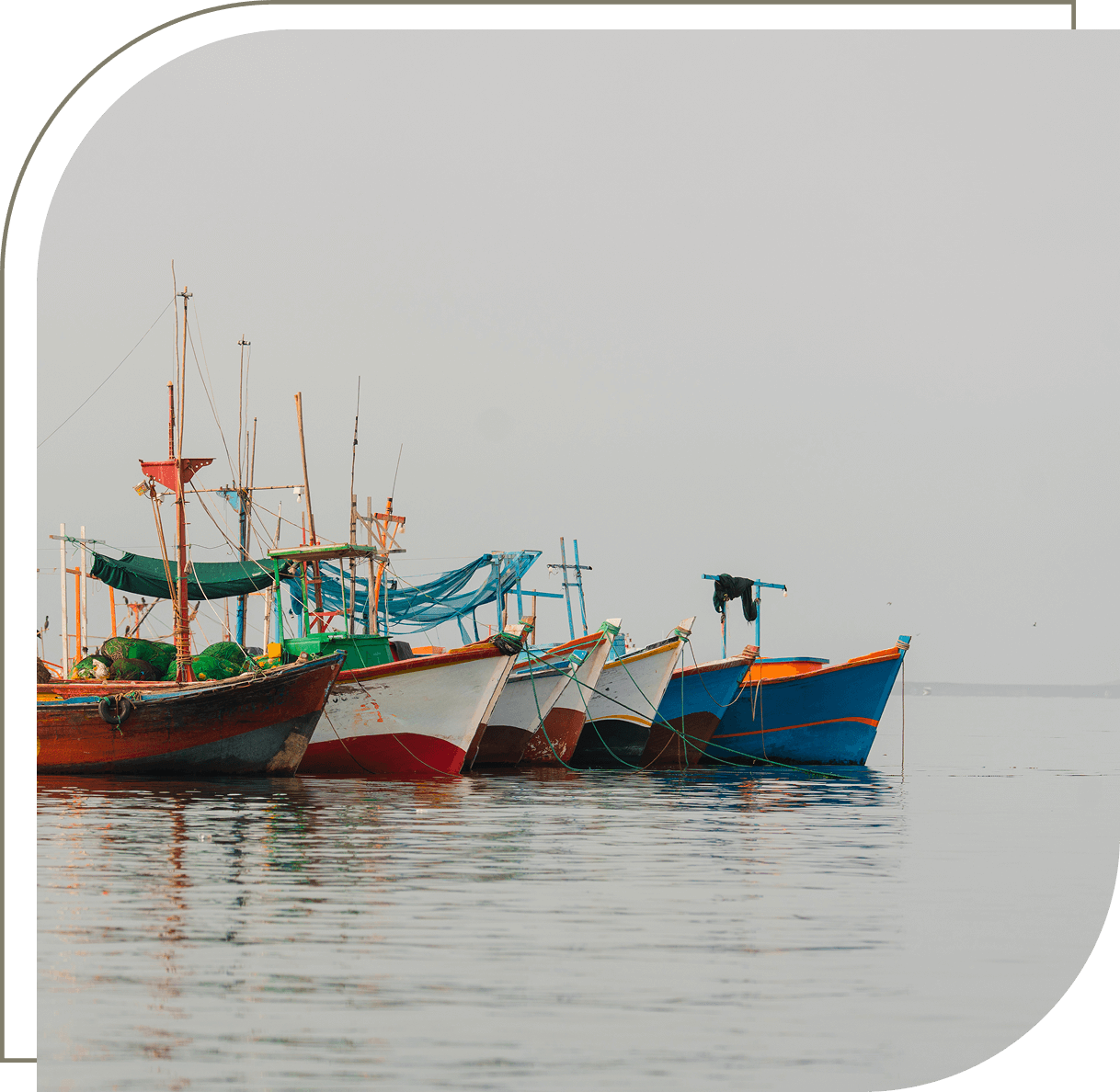 Colorful boats lined up on calm water.